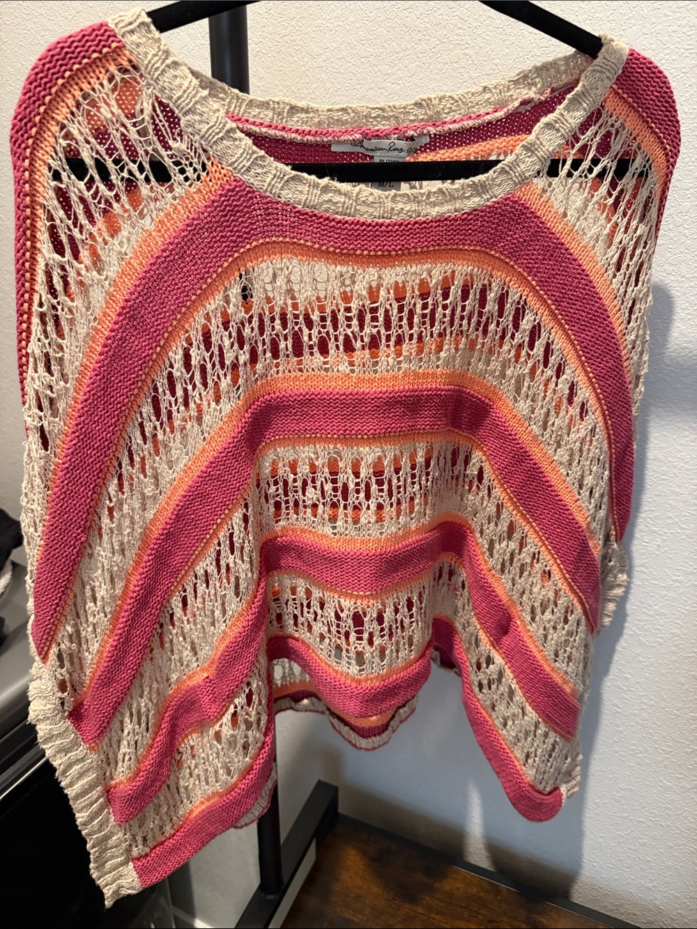 American Rag Open-Weave Striped Poncho in Pink, Cream & Orange